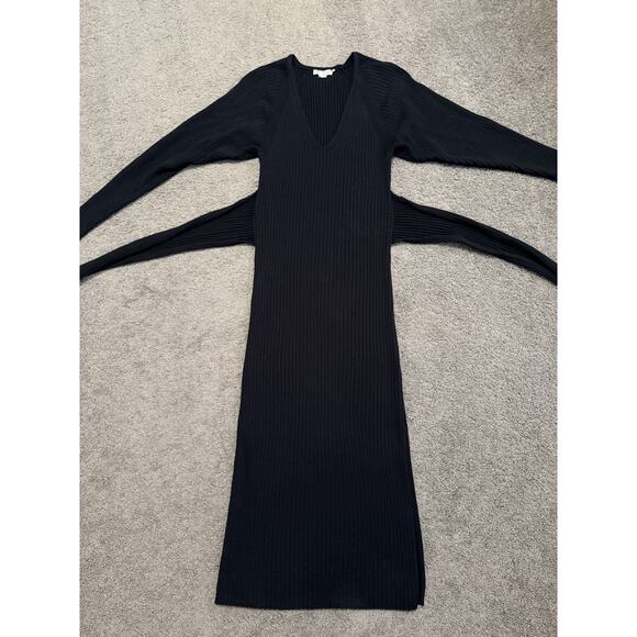 Good American Belted Stretch Black Sweater Dress 1/2 S/M Slit Bodycon Midi - Picture 2 of 7